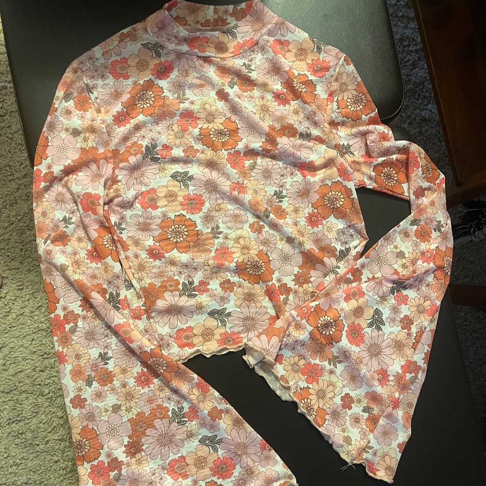 Floral Bell Sleeve Top - Pink and Orange